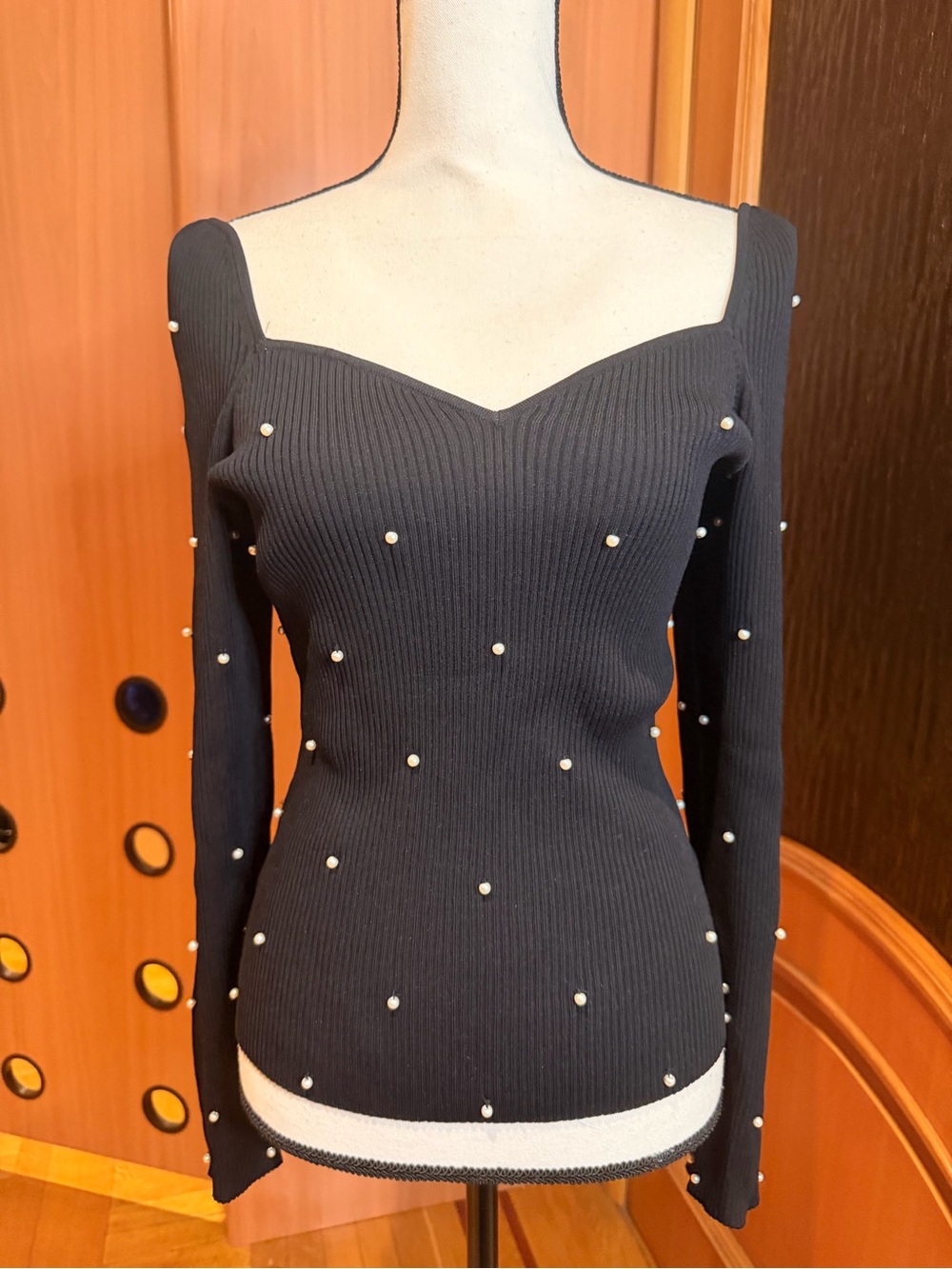 Generation love Slim Ribbed Pearl-Embellished Black Women's Jersey Top Sz XXL